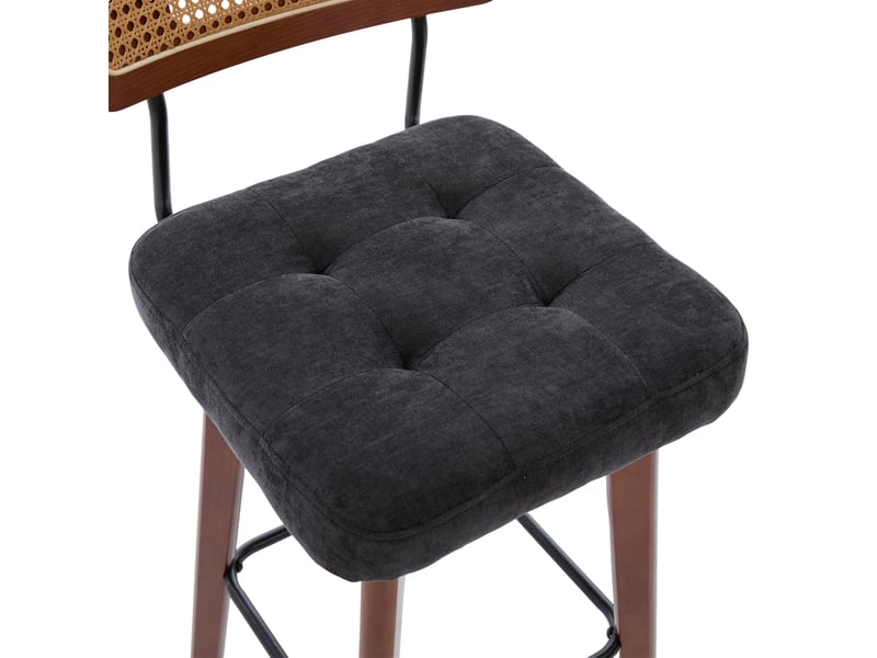 Lot de 2 tabourets de bar pivotants 360° noirs en tissu, dossier en paille et repose-pieds, style mid-century moderne - Conforama D