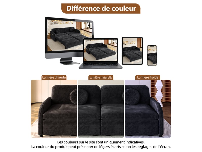  Canapé convertible 3 places noir en chenille avec couchage 190 x 200 cm Fay Lum - Conforama W