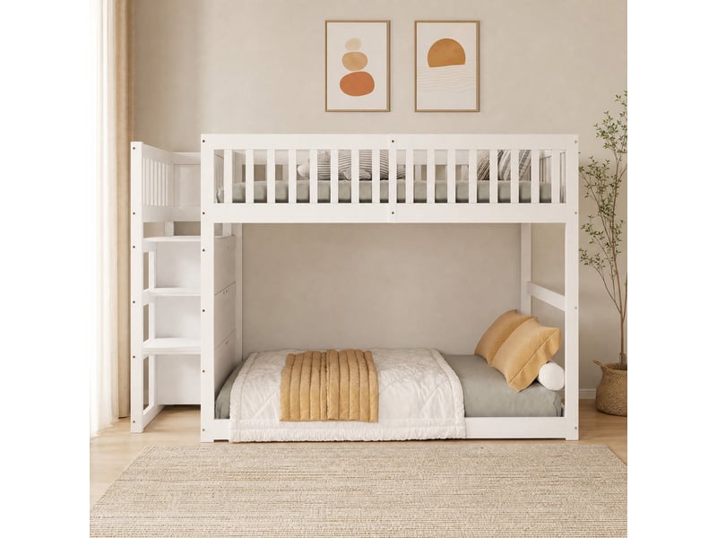 Lit superposé enfant bas 140 x 200 cm blanc avec escalier de rangement  - Conforama C