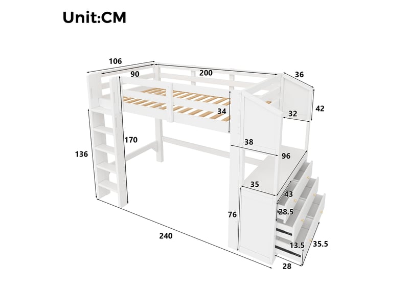  Lit mezzanine 90 × 200 cm 1 place avec 3 tiroirs, étagères et led réglable, sans matelas, en bois massif, blanc  - Conforama D