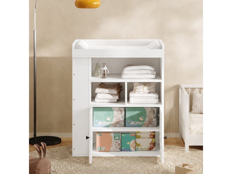  Commode à langer - 82 x 50 x 100 cm - commode à langer avec plan à langer, placard, étagères latérales et porte-revues - blanc  - Conforama C