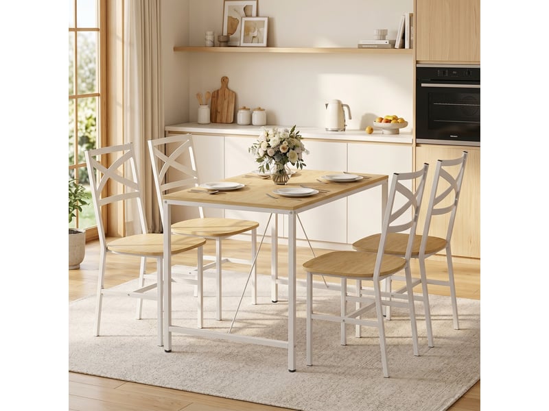  Ensemble table salle à manger avec 4 chaises, table de cuisine avec chaises pour 4 personnes, bois naturel et blanc  - Conforama D