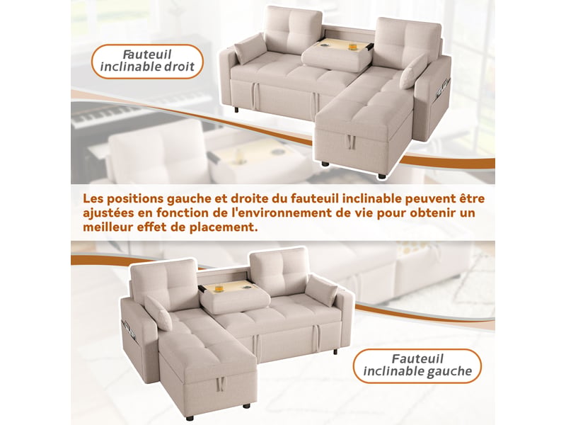Canapé d'angle convertible modulable en lin avec rangement et porte-gobelet 3-4 places - Conforama C