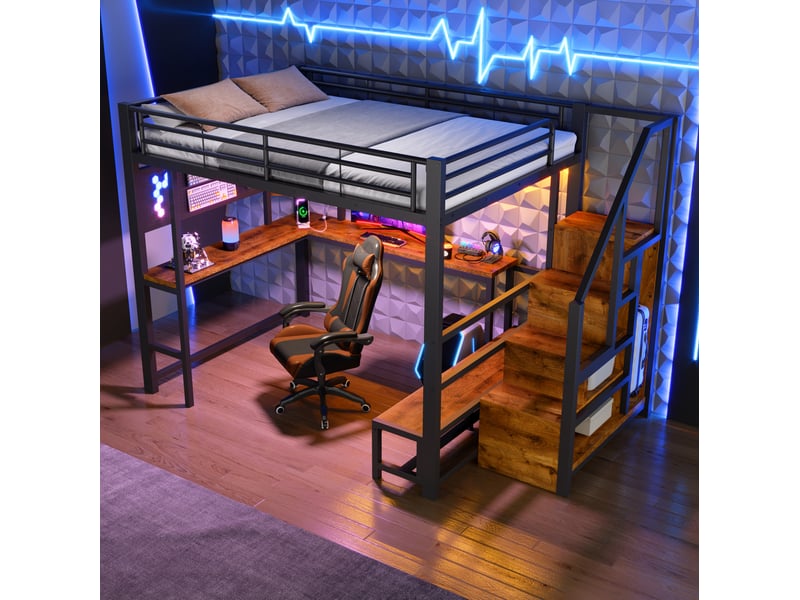  Lit mezzanine 140x200 cm avec bureau, rangements, led et usb-c noir  - Conforama D