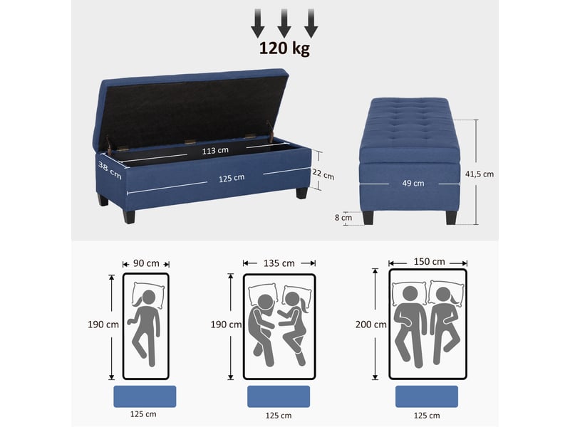  Banc coffre capitonné avec espace de rangement aspect lin bleu  - Conforama C