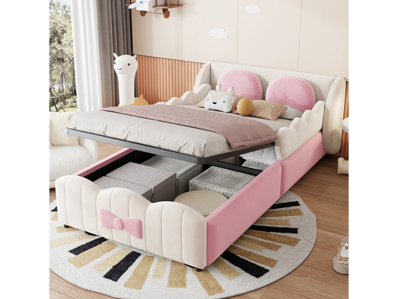  Lit coffre enfant 90x200 cm avec rangement hydraulique et 2 coussins décoratifs, beige et rose, sans matelas, velours  - Conforama B