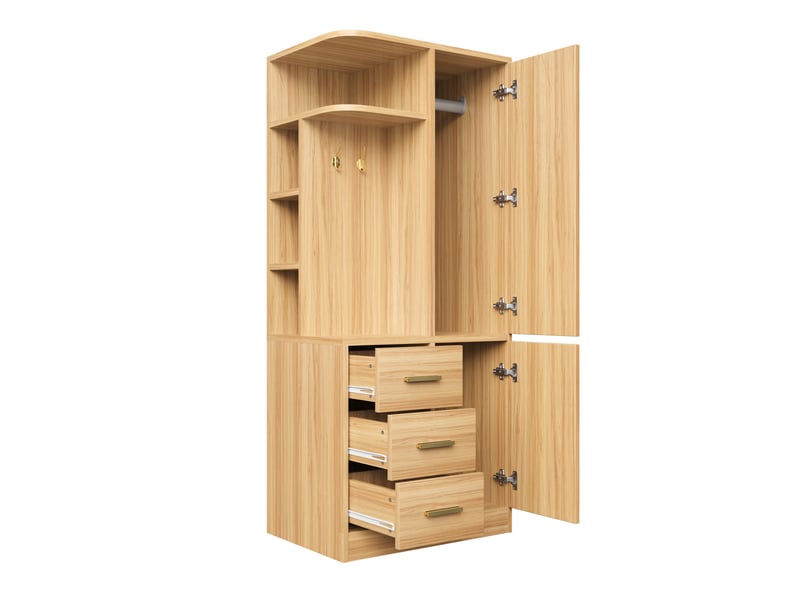  Armoire 70x50x170 cm 1 porte, en bois, tiroirs et tringle, bois naturel, étagères et crochets de rangement  - Conforama D