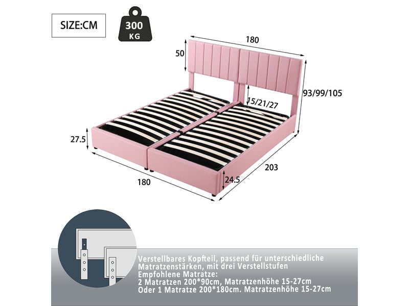  Lit coffre 180x200 cm, coffre de rangement hydraulique et tête de lit réglable, en tissu, rose, sans matelas  - Conforama D
