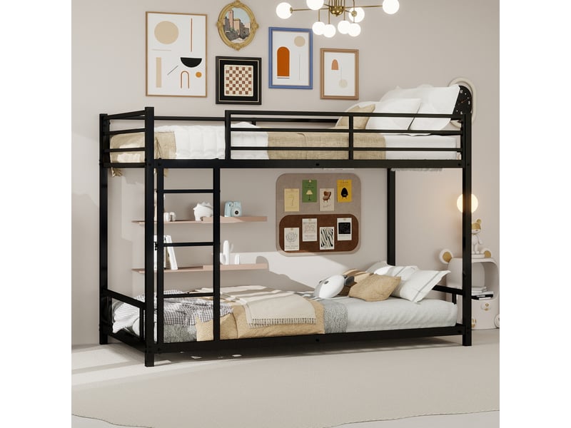  Lit superposé 90x190 cm - lit simple enfant avec échelle intégrée et barrière sécurisée - métal - sans matelas - noir  - Conforama B
