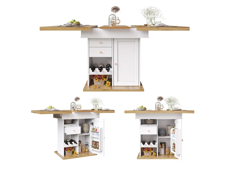 Table extensible télescopique, 110-140x80x75 cm, espace de rangement intégré avec tiroir, mdf, coloris blanc et naturel - Conforama A