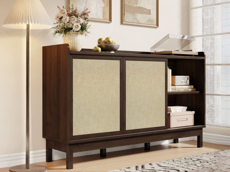  Commode 2 tiroirs et 2 portes coulissantes, 150 x39,5 x 80 cm, style vintage, design « color-block », couleur noyer  - Conforama B