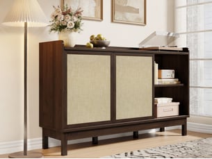Commode 2 tiroirs et 2 portes coulissantes, 150 x39,5 x 80 cm, style vintage, design « color-block », couleur noyer