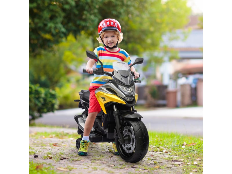 Moto électrique honda sous licence pour enfants de 3 à 6 ans, double moteur 12 v, roues, vitesse maximale de 3 kmh, poids maximal de 30 kg, jaune  - Conforama D