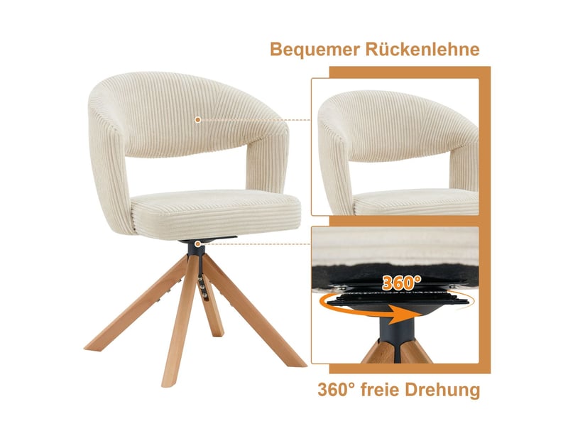  Lot de chaises 2 pièces style rétro luxe cord crème blanc structure à bandes verticales pieds en bois massif rotation silencieuse à 360° dossier galbé  - Conforama E
