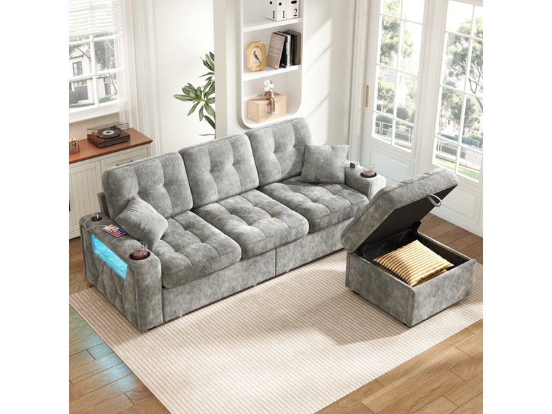  Canapé modulaire avec rangement, ports usb-c, led, porte-gobelets et coffre, en chenille gris foncé  - Conforama C