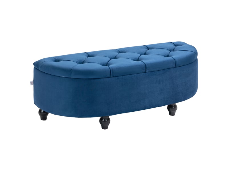  Pouf de rangement coffre 2 en 1 - pieds bois hévéa noir revêtement velours bleu - pouf capitonné demi-cercle  - Conforama B