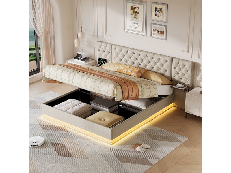  Lit coffre 2 places européen 140x200 cm, lit adulte, rangement, 2 chevets, led, recharge sans fil, port usb, lin beige  - Conforama B