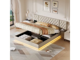 Lit coffre 2 places européen 140x200 cm, lit adulte, rangement, 2 chevets, led, recharge sans fil, port usb, lin beige