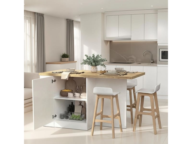  Ilot de cuisine 160cm avec angle laqué blanc plateau aspect bois finition cadiz - alva ALVA - Conforama C