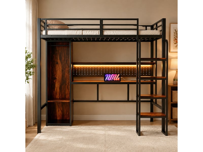  Lit mezzanine 90x200 cm avec bureau et led multicolores en métal et mdf noir  - Conforama B