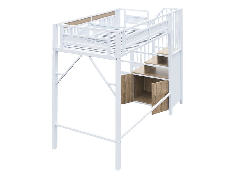  Lit mezzanine enfant 200×90 cm avec marches de rangement, petit placard et garde-corps, en métal et bois blanc  - Conforama E