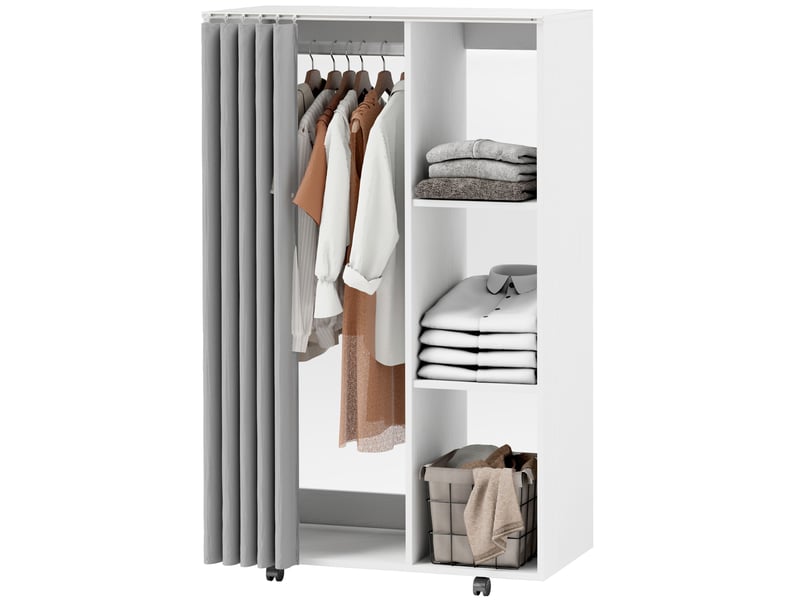  Armoire dressing mobile penderie sur 4 roulettes avec tringle 3 étagères ouvertes et rideaux vêtements blanc T1003-01-10806 - Conforama C