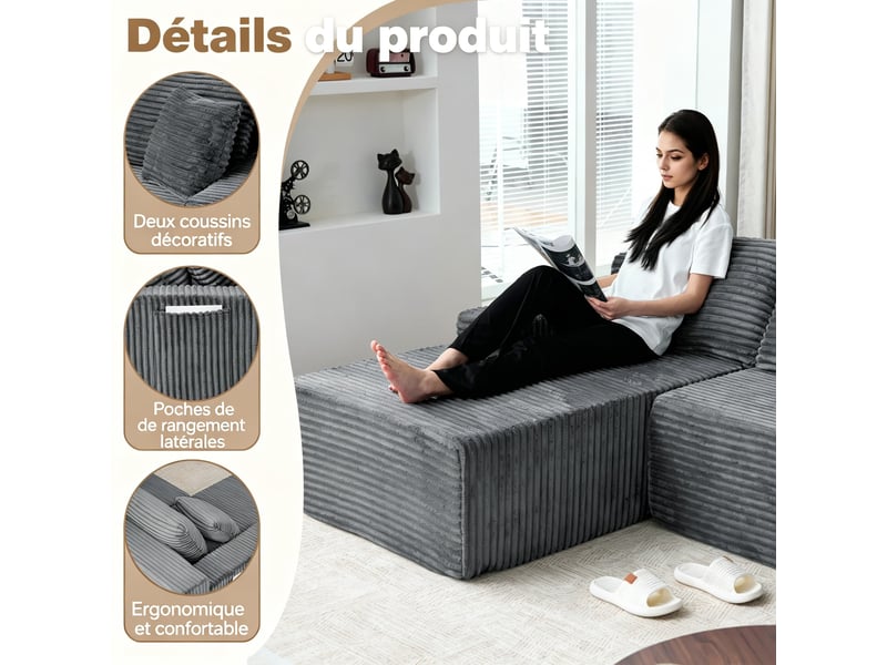  Canapé d’angle en velours côtelé, canapé de sol luxueux, mousse compacte, gauche, salonchambre, 79x239x156 cm, gris  - Conforama E