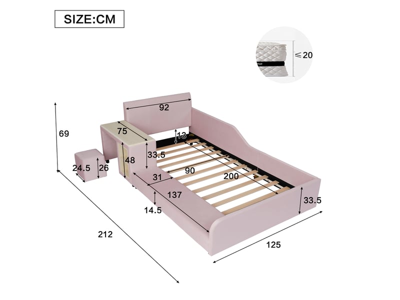  Lit enfant combiné modenvie avec bureau, tabouret et étagère, 90 x 200 cm, velours rose  - Conforama C