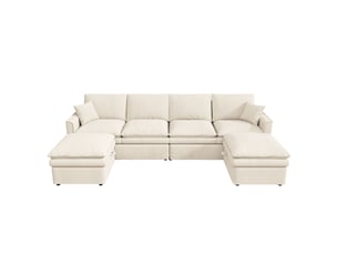 Canapé d'angle panoramique fixe <strong>STILVORA</strong> <strong></strong> 6 places Coton / Lin beige avec coffre de rangement
