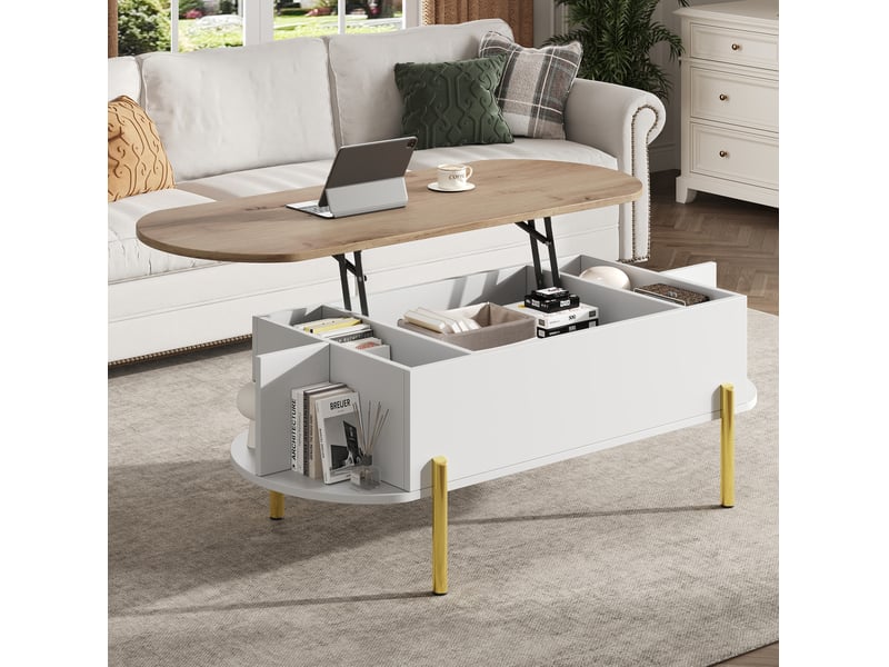  Table basse relevable 120 x 50 cm avec rangement, mdf blanc, plateau couleur bois  - Conforama E