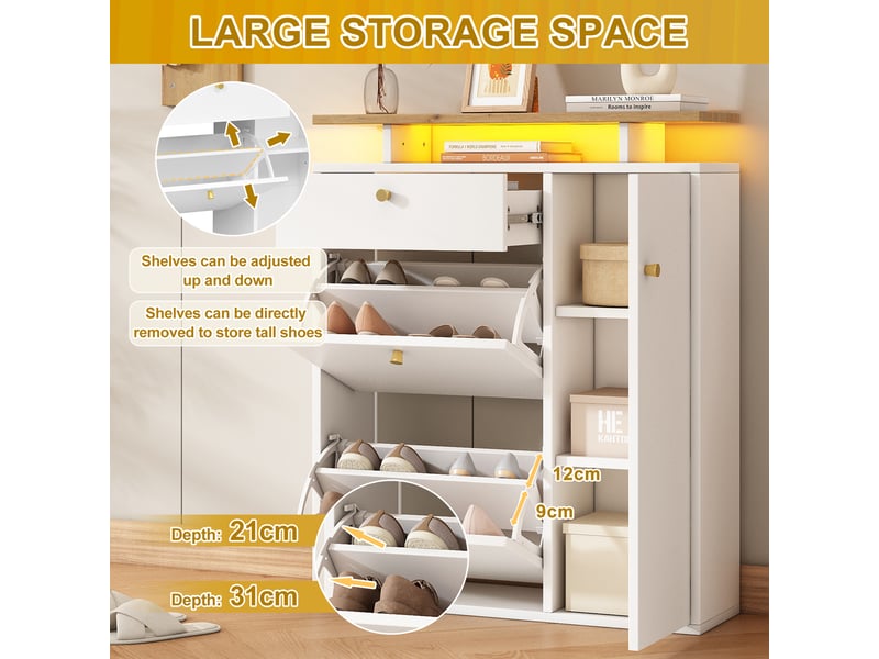 Meubles d'entrée avec miroir, étagère, meuble à chaussures 3 niches, 4 crochets et led pour entrée 105×25×151,5 cm - Conforama E