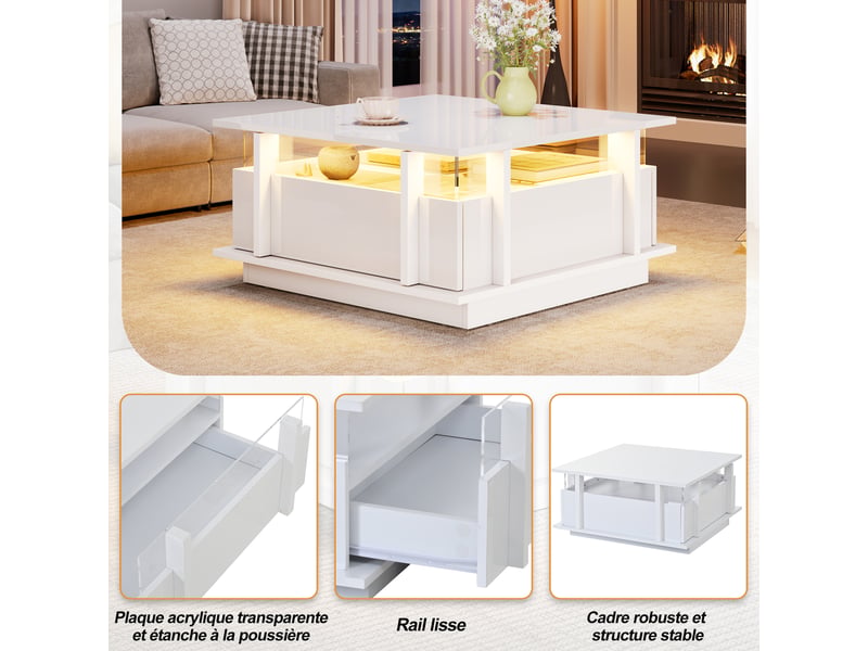 Table basse carrée avec 2 tiroirs et éclairage led pour salon 70×70×35 cm en panneaux de particules blanc  - Conforama C