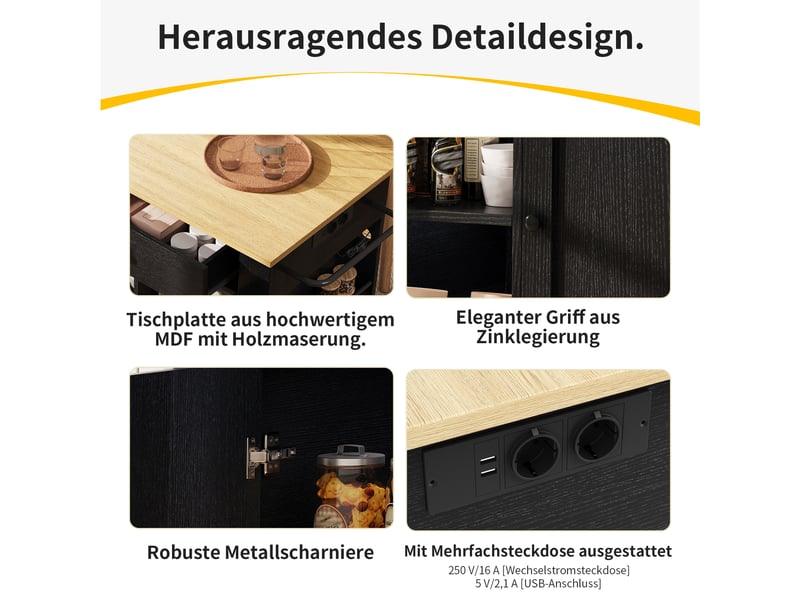 Îlot de cuisine noir et naturel 151,5 × 59,784,7 × 91,7 cm en mdf et métal, prise intégrée, 2 tiroirs et rangements - Conforama E