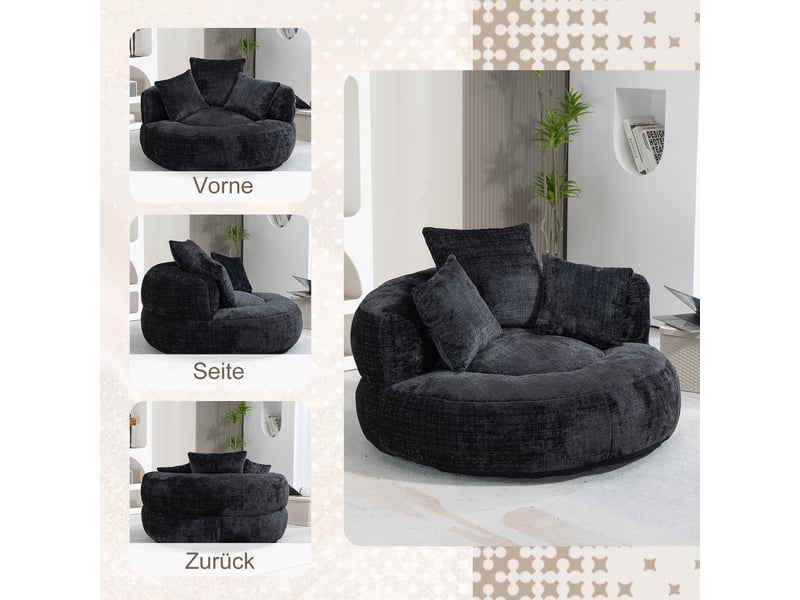  Pouf géant adulte en chenille noire, fauteuil de sol ergonomique avec dossier haut, canapé paresseux pour chambre et gaming.  - Conforama E