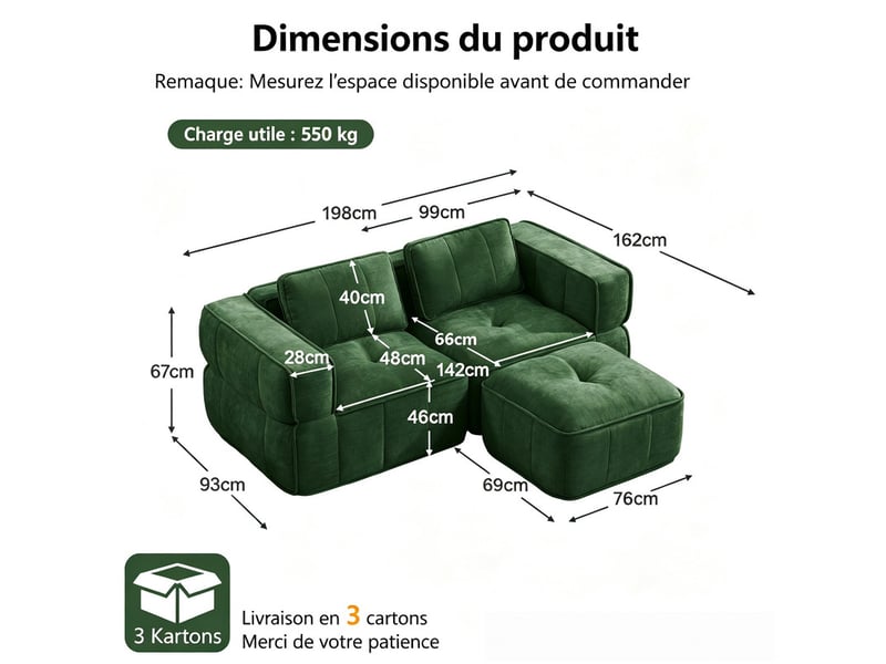 Sofa d'angle 2 places, pouf inclus, mousse 32d, assise profonde, tissu doux, antidérapant, 198×162×67 cm, vert - Conforama C
