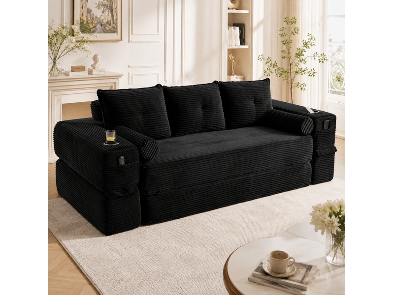 Canapé convertible modenvie 3 places en velours côtelé noir, poches de rangement, porte-gobelet et coussins à mémoire de forme, 232 x 98 x 80 cm - Conforama B