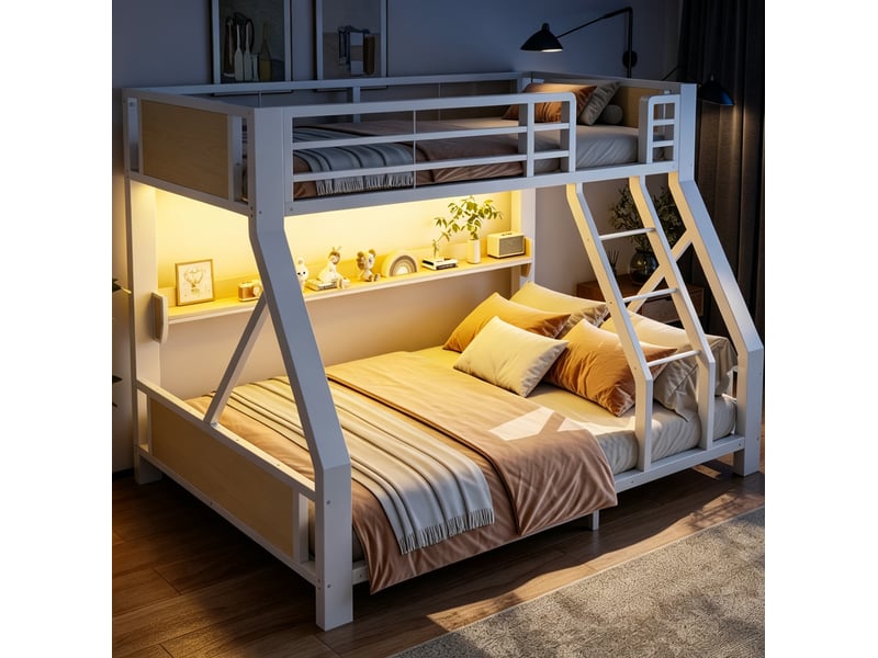  Lit superposé 90x200 et 140x200 cm blanc avec rangement et éclairage led  - Conforama B