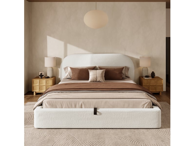 Lit coffre 180x200 cm, lit adulte avec sommier à lattes, tissu bouclé beige, avec matelas - Conforama W