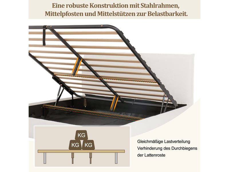  Lit double 180x200 cm avec sommier à lattes, lit double hydraulique avec tête de lit en velours, blanc, lit double en bois massif  - Conforama W