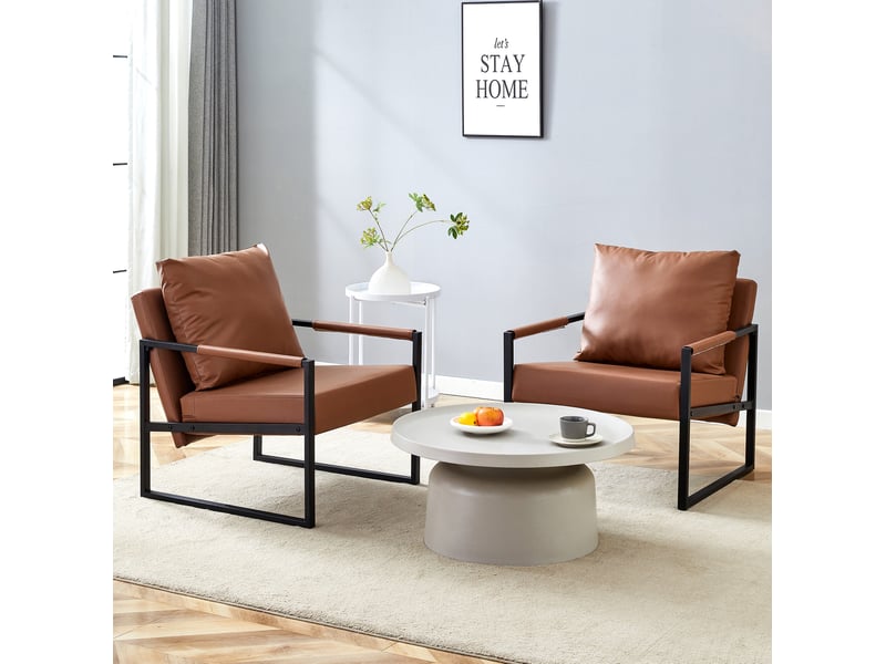  Fauteuil en cuir synthétique avec accoudoirs et structure métallique, style industriel marron  - Conforama D