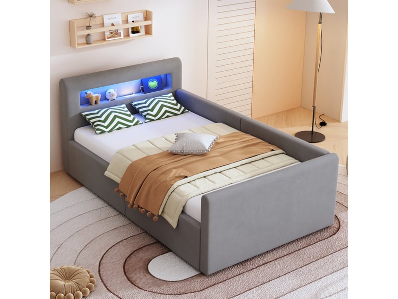  Lit coffre enfant 90x200 cm, led, port usb, espace de rangement, sommier, velours gris clair, sans matelas  - Conforama B