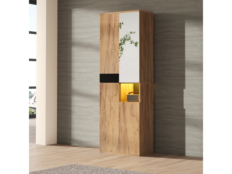  Armoire de rangement 4 portes, armoire haute avec miroir et niche ouverte pour salon ou entrée - noir et bois 65x35x190 cm  - Conforama B