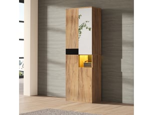 Armoire de rangement 4 portes, armoire haute avec miroir et niche ouverte pour salon ou entrée - noir et bois 65x35x190 cm