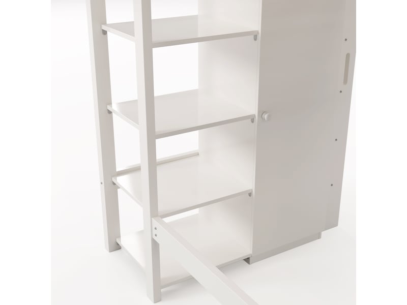 Lit mezzanine enfant 90x200 cm avec armoire et 6 étagères, blanc, sans matelas - Conforama E