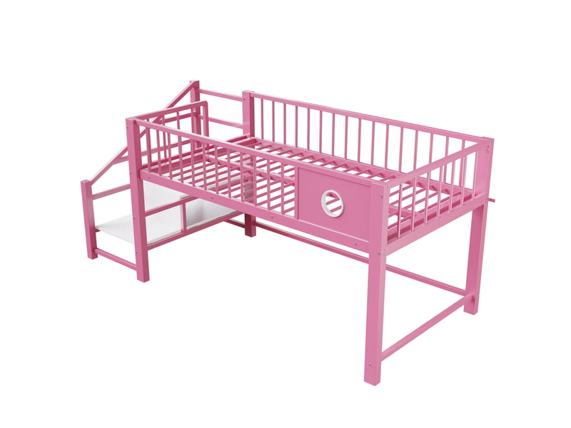  Lit mezzanine bas rose avec échelle de rangement, lit enfant 90x200 cm en métal robuste pour chambre fille, capacité 120 kg.  - Conforama D