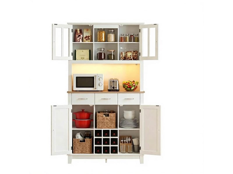  Buffet haut de cuisine avec éclairage led rgb, blanc et chêne, 100 x 39,5 x 180 cm  - Conforama A