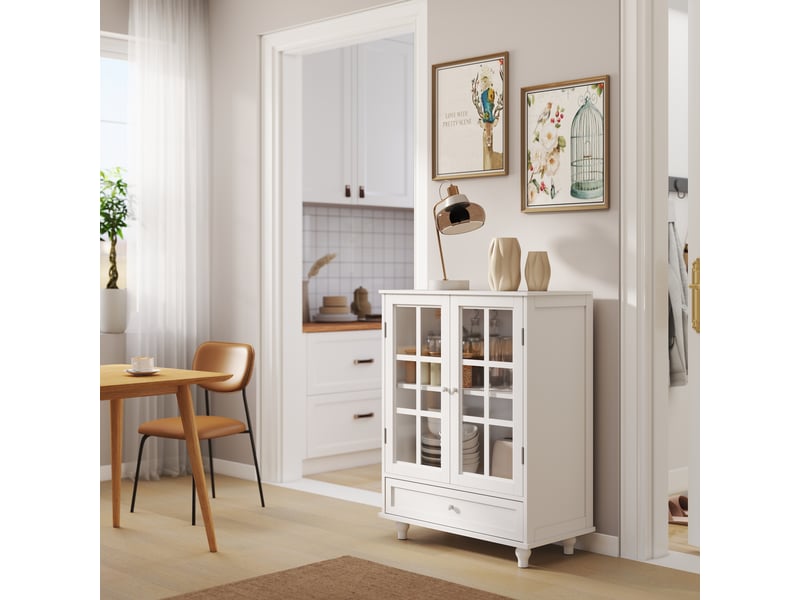 Buffet blanc minimaliste avec doubles portes en verre et tiroir, meuble de rangement en bois moderne pour salon salle à manger entrée - Conforama D