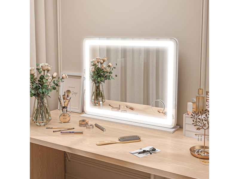  Miroir de maquillage avec éclairage led réglable, grossissement x10, port usb et commandes tactiles, 80 x 62 x 14 cm  - Conforama D