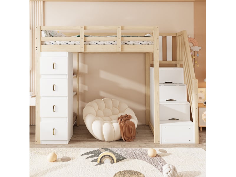  Lit mezzanine 90x200 cm avec tiroirs, escalier de rangement, bois naturel sans matelas  - Conforama E