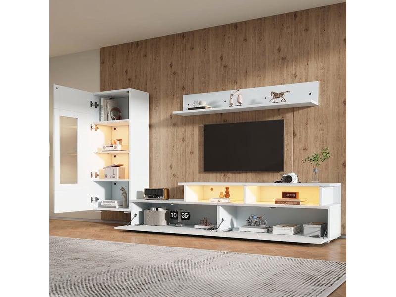  Ensemble meuble tv mural 3 pièces blanc brillant avec led, pour tv jusqu'à 75 pouces  - Conforama B